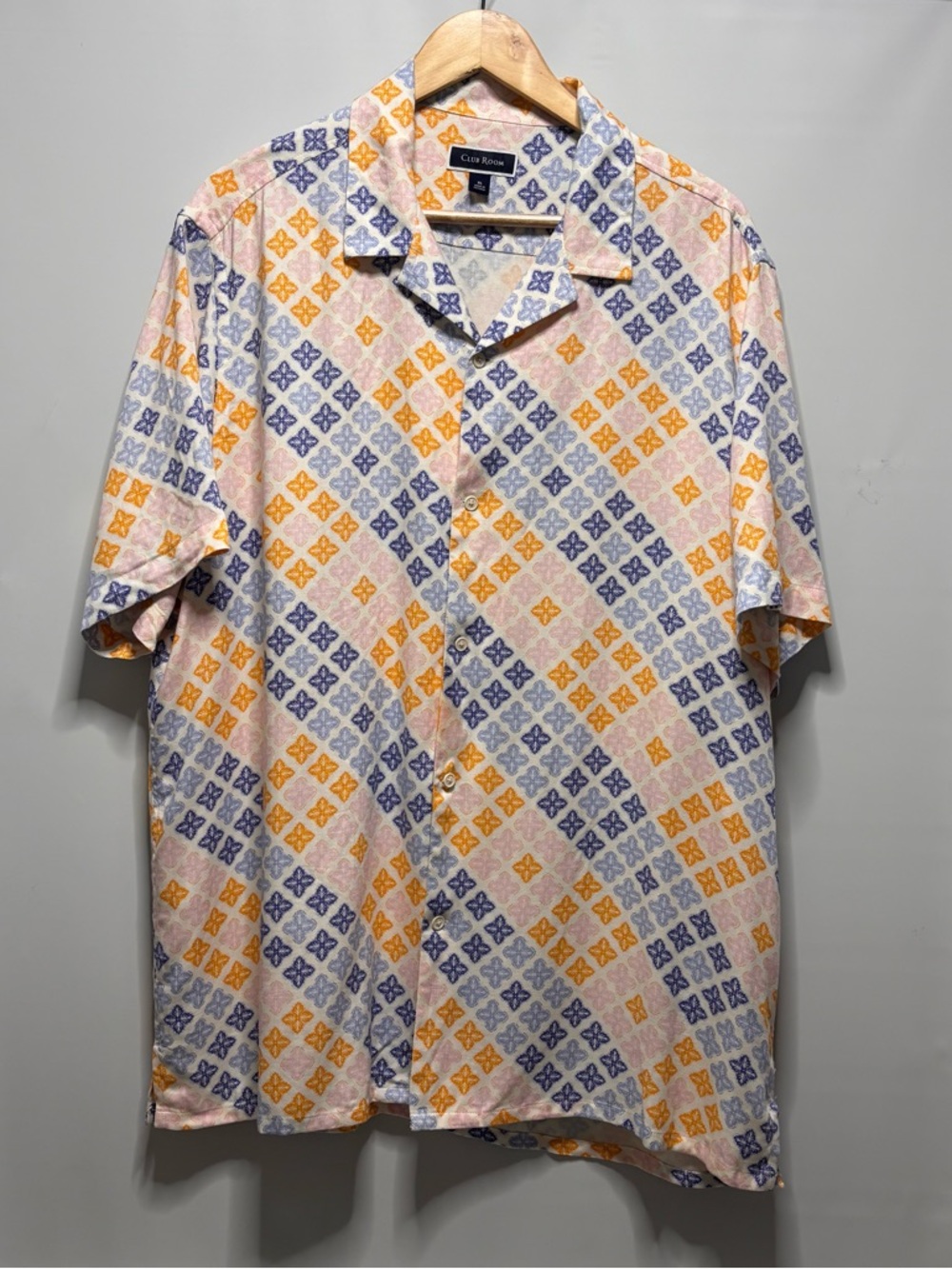 Club Room Bright White Button Up Shirt Short Sleeve Geometric Silk Blend Mens XL